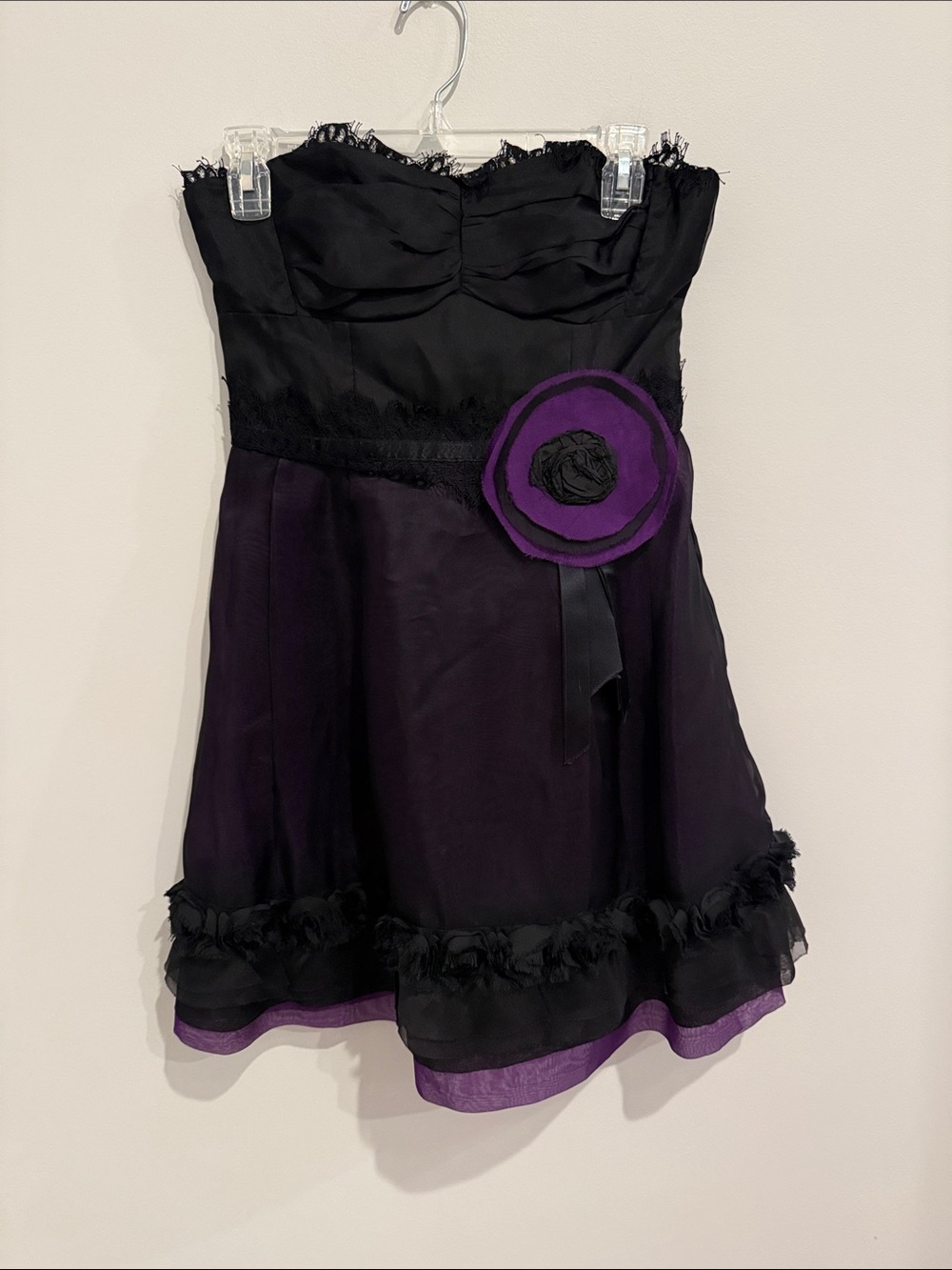 Nanette Lepore Strapless Black and Deep Purple Party Dress with Flower Accent